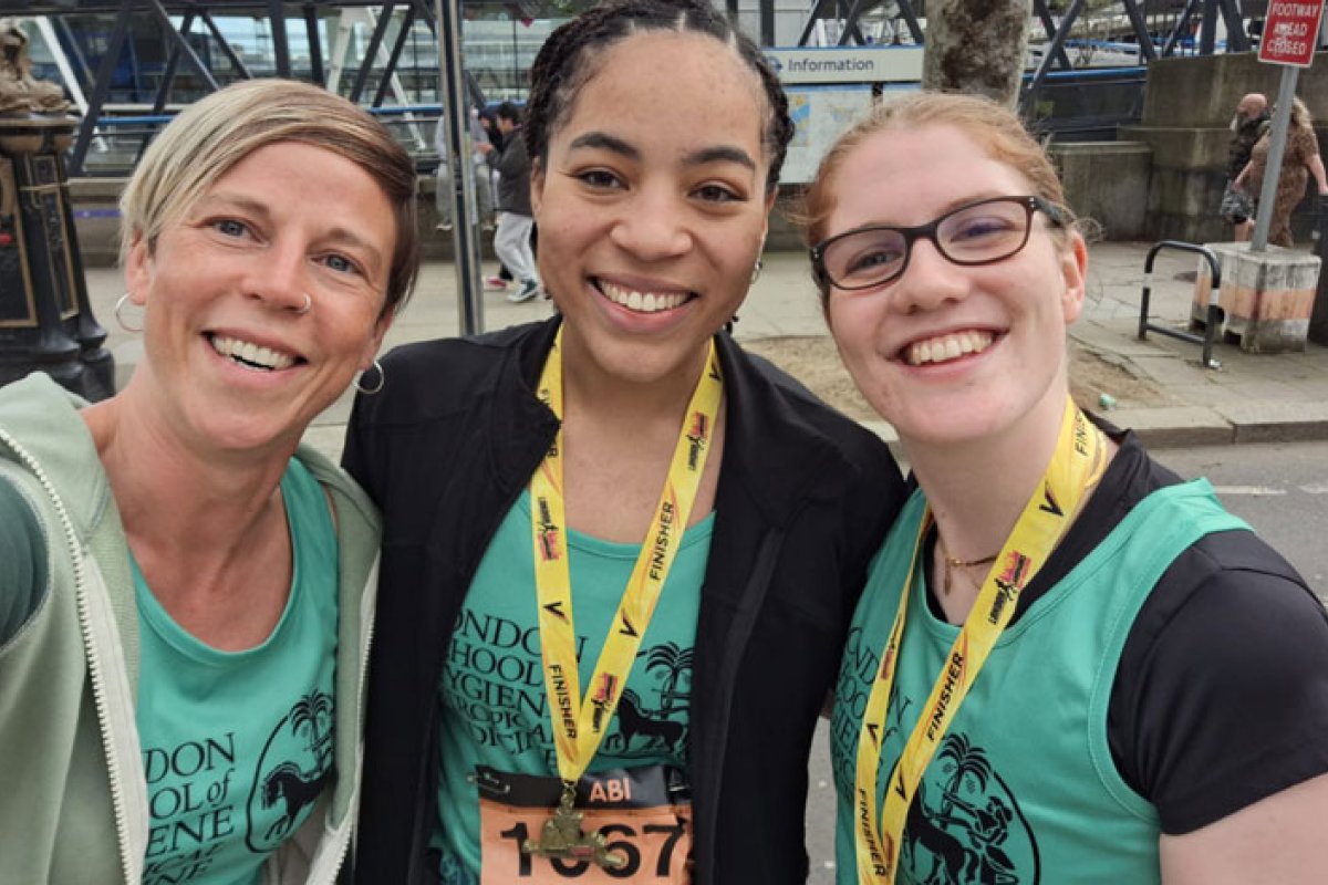 Sarah Enderby Coles (Regular Giving Officer, LSHTM), Abigail Ngwang (MSc Public Health, and Next Generation Scholarship recipient 2024, LSHTM), and Grace O’Donovan MSc Nutrition for Global Health 2022, Research Assistant, LSHTM after the LLHM 2024.