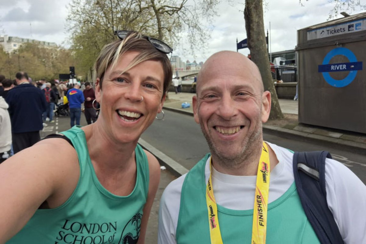 Sarah Enderby Coles and Graeme Cappi meet after the run on the Embankment.