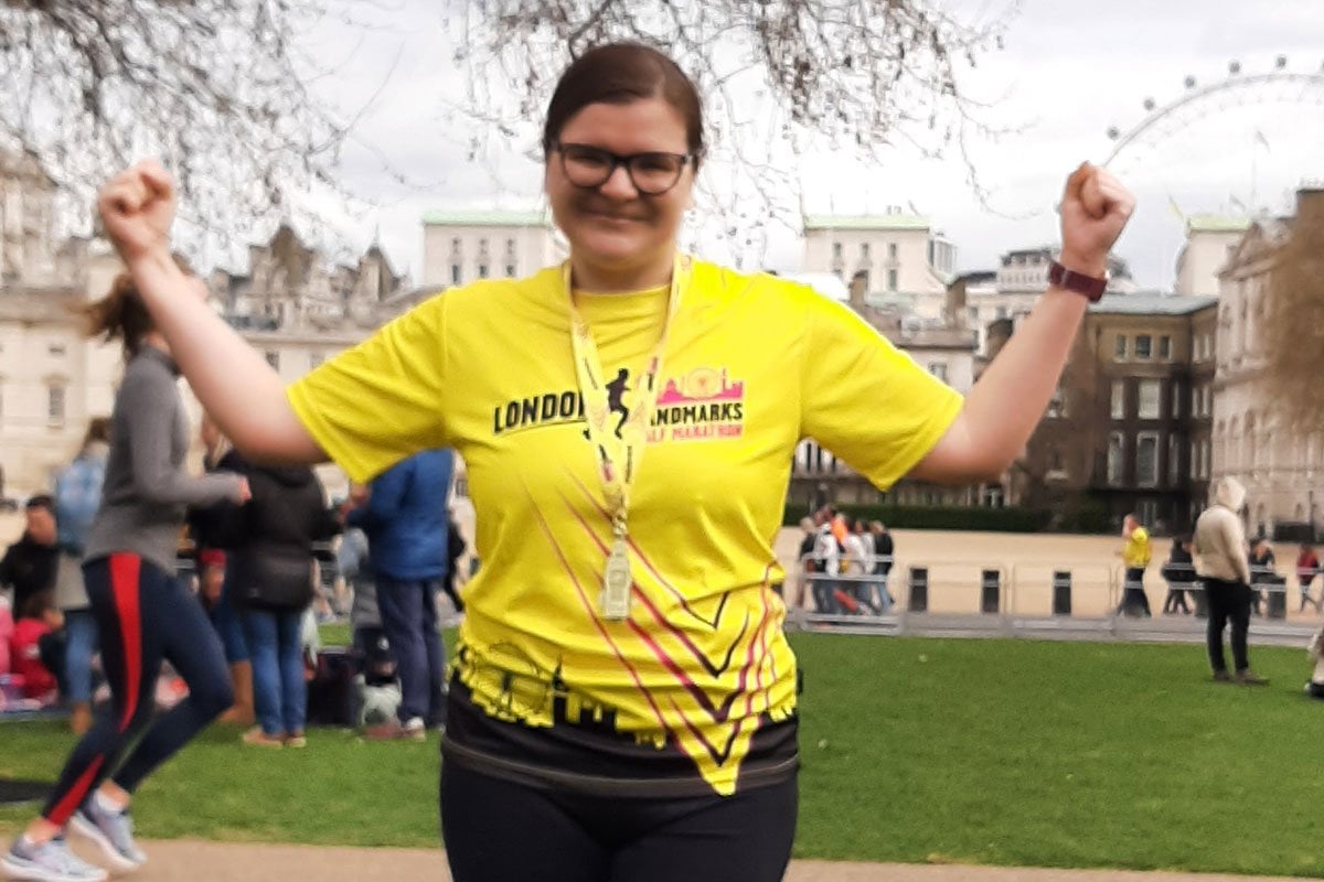 Camille Le Baron following the London Landmarks Half-Marathon, by the London Eye.