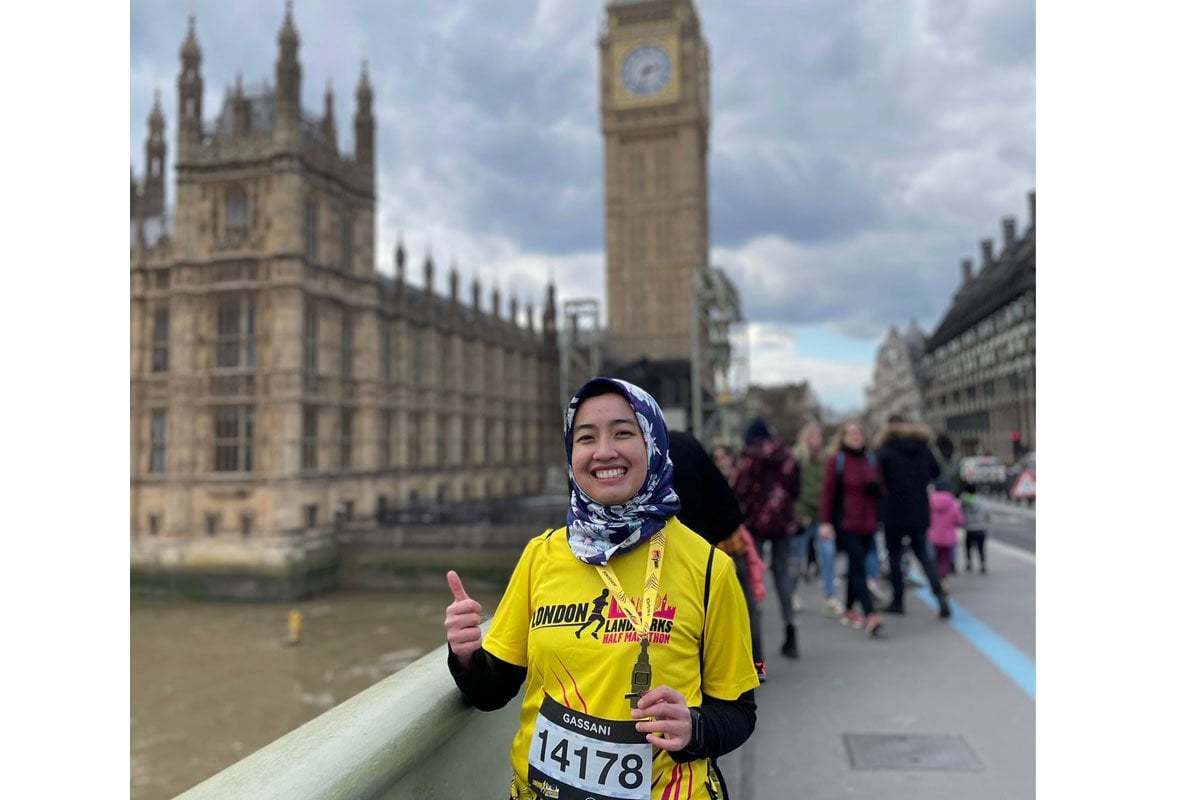 Gassani Amalia, after the London Landmarks Half-Marathon, by Big Ben