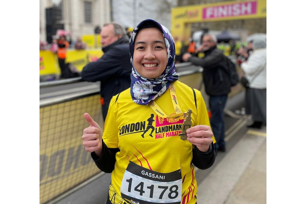 Gassani Amalia, after the London Landmarks Half-Marathon, by the finish line