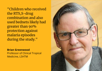 "Children who received the RTS,S-drug combination and also used bednets likely had greater than 90% protection against malaria episodes during the study." Brian Greenwood, Professor of Clinical Tropical Medicine, LSHTM