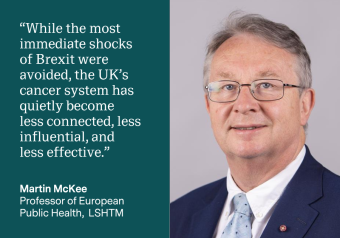 Quote from Martin McKee: "While the most immediate shocks of Brexit were avoided, the UK’s cancer system has quietly become less connected, less influential, and less effective."