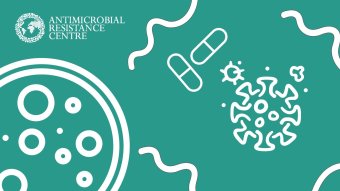 Graphic showing microbes and pills 