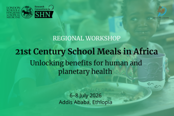 Graphic on green background with image of children in Africa smiling and eating a plate of food including beans at school
