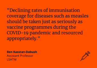 Declining rates of immunisation coverage for diseases such as measles should be taken just as seriously as vaccine programmes during the COVID-19 pandemic and resourced appropriately.” Ben Kasstan-Dabush, Assistant Professor, LSHTM