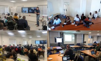4 pictures of groups of people sitting at tables in lecture rooms, looking at zoom screens and/or people holding microphones talking