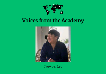 Green graphic with icon of the world map with data points dotted all over. A photo of a Korean man wearing a black shirt laughing. Jaewon Lee.