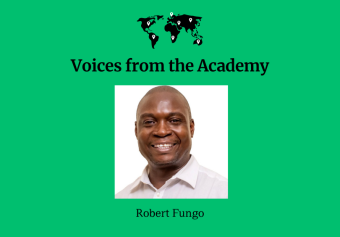 Voices from the Academy: Robert Fungo with picture of black man wearing a white shirt, in front of a green background