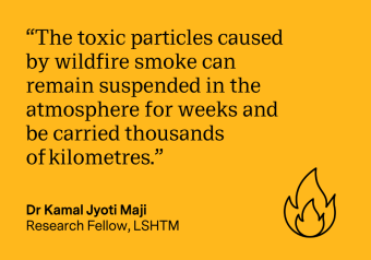 Kamal Maji quote card: The toxic particles caused by wildfire smoke can remain suspended in the atmosphere for days to weeks and be carried thousands of kilometres 