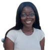 A black woman with long black hair and glasses wearing a white t shirt