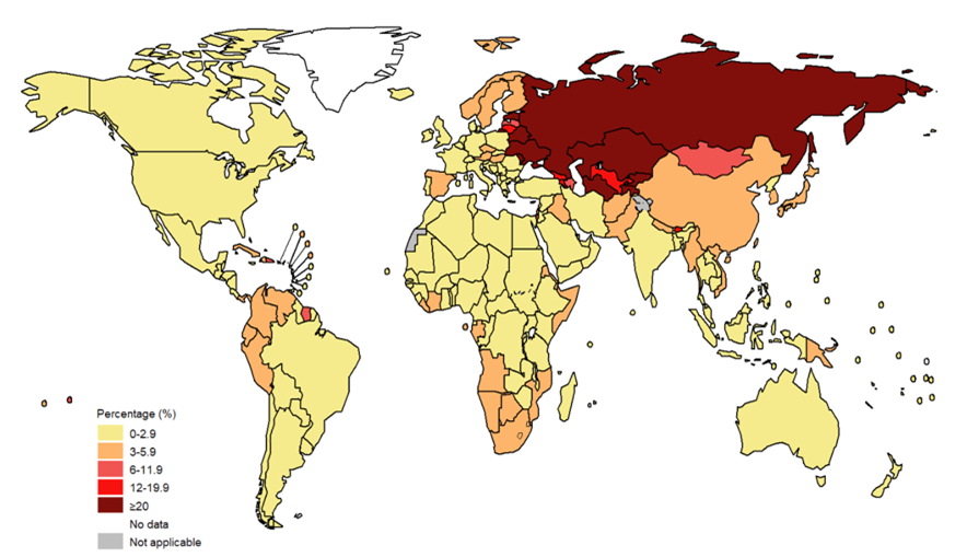 Map showing percentage of new TB cases with MDR/RR-TB, 2021