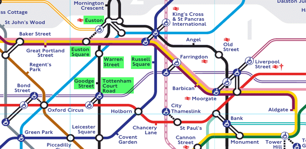Close-up of the London tube map highlighting the six tube stations nearest to LSHTM